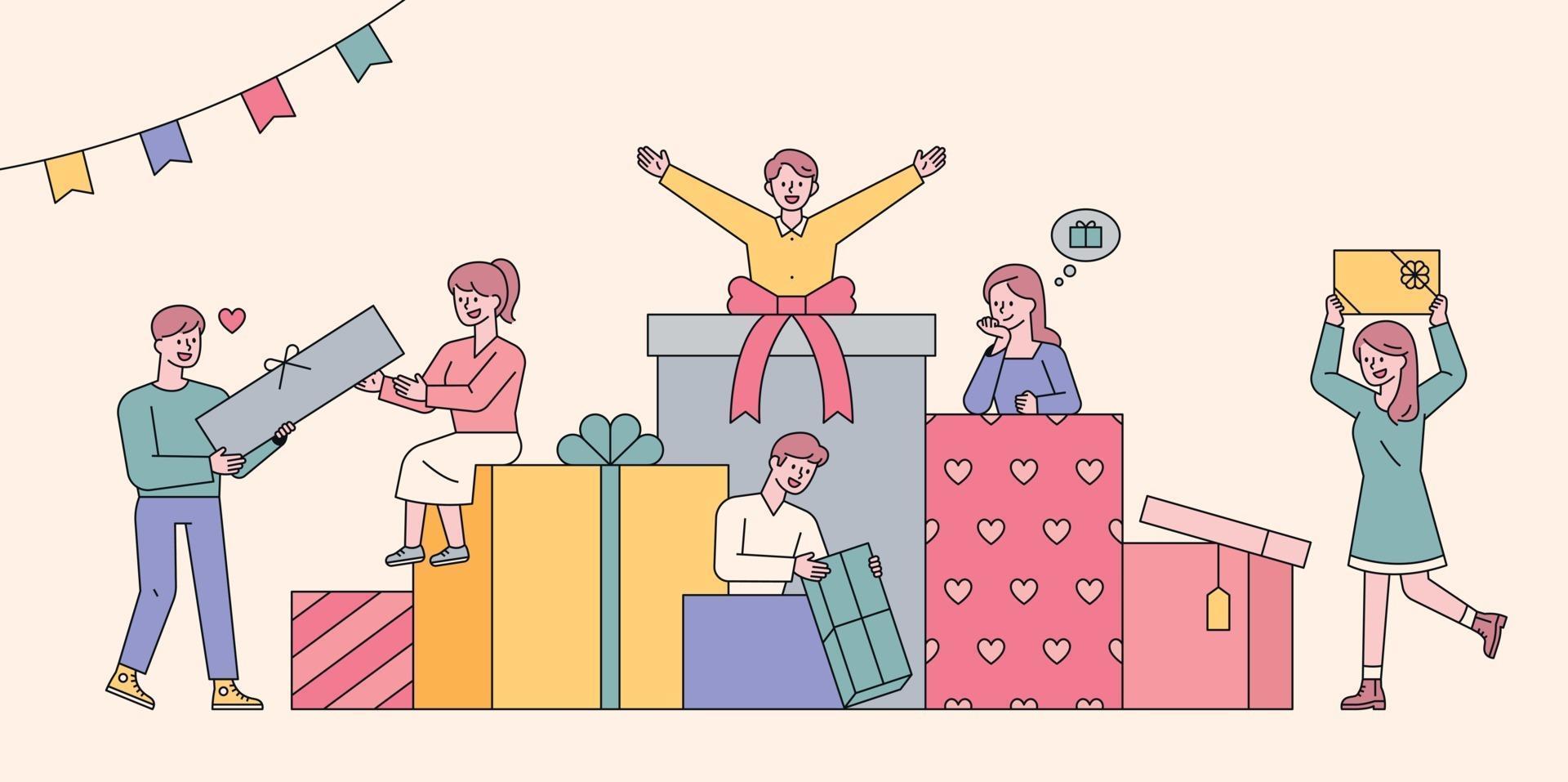 There are large gift boxes piled up. People are gathering around with gift boxes. vector
