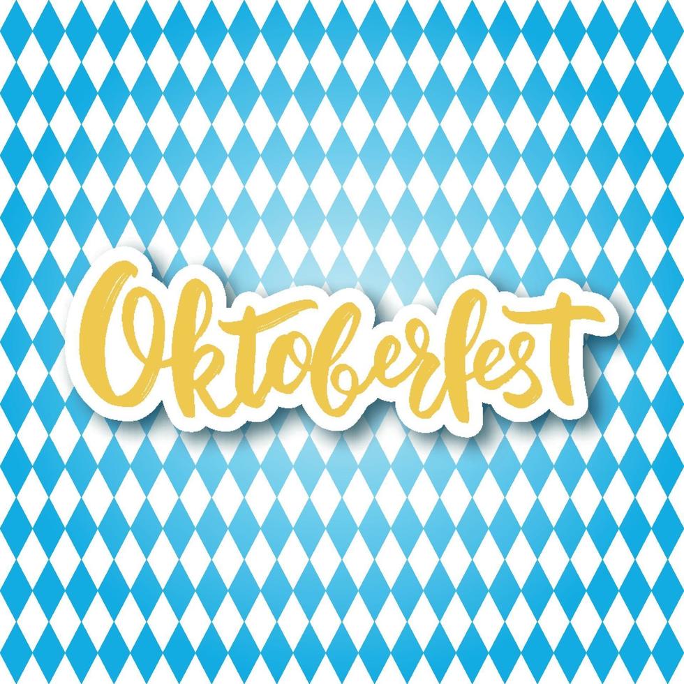 Handwritten lettering Oktoberfest on rhombic blue and white background. vector