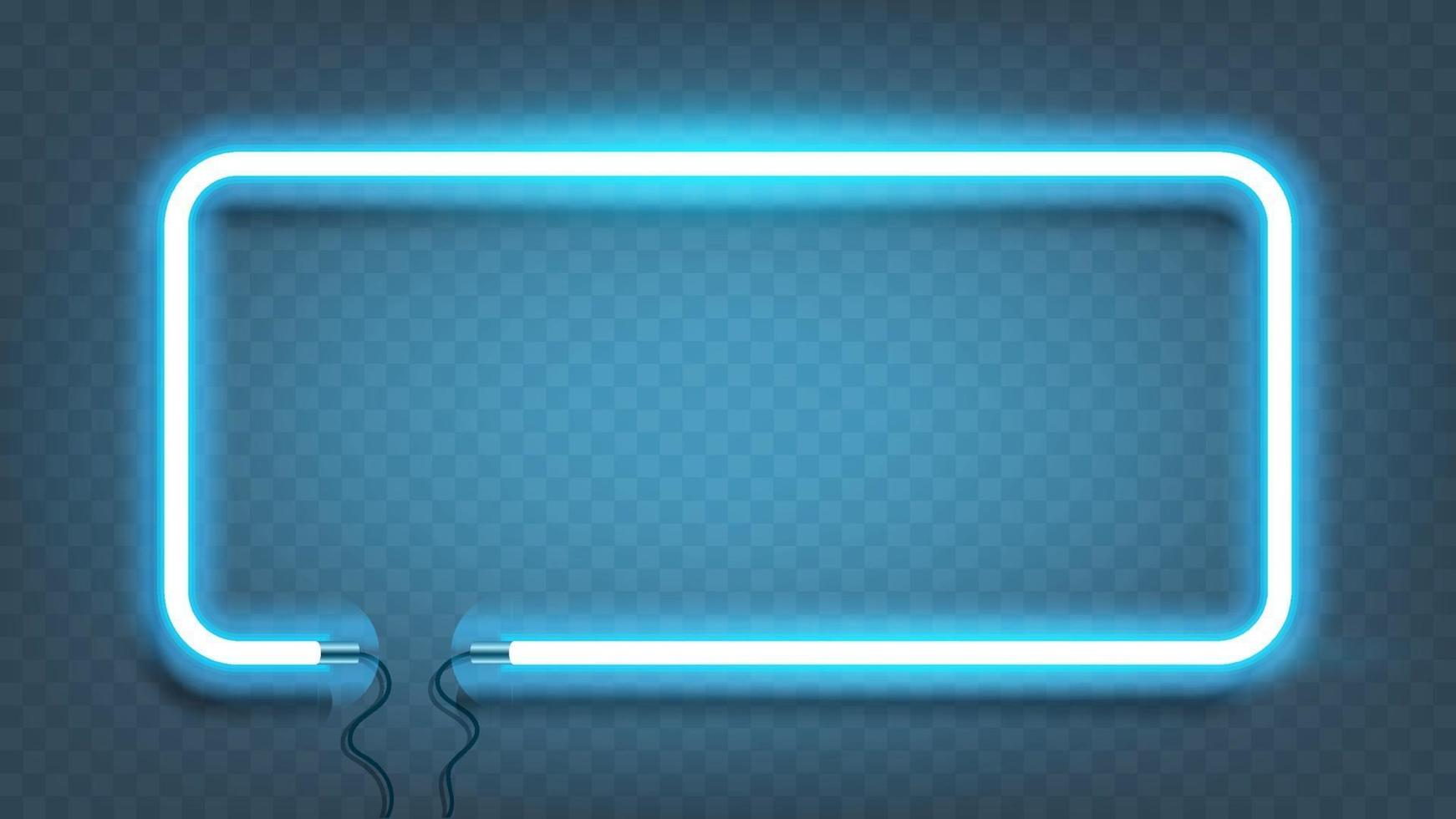 Neon rectangle lamp wall sign isolated. Vector blue power glowing bulb banner, light line or neon frame for your design.