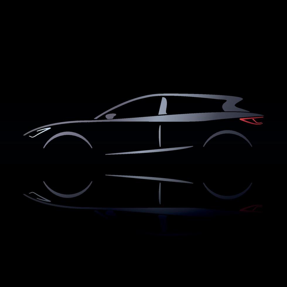 Silvery silhouette of car on black background with reflection. vector