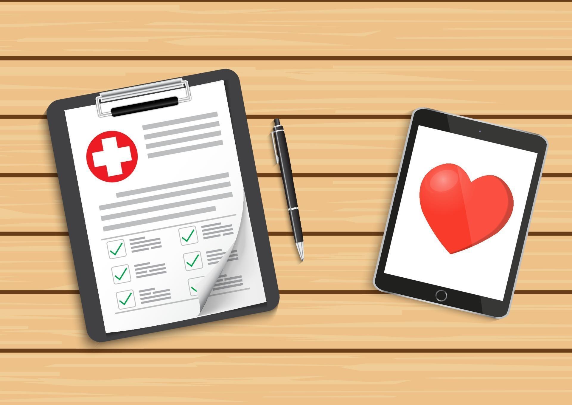 Clipboard with medical cross and tablet. Clinical record, prescription