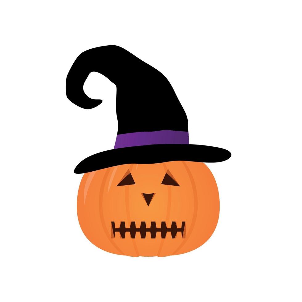 Halloween pumpkin with scary face, isolated on white background. Black witch hat on pumpkin. vector