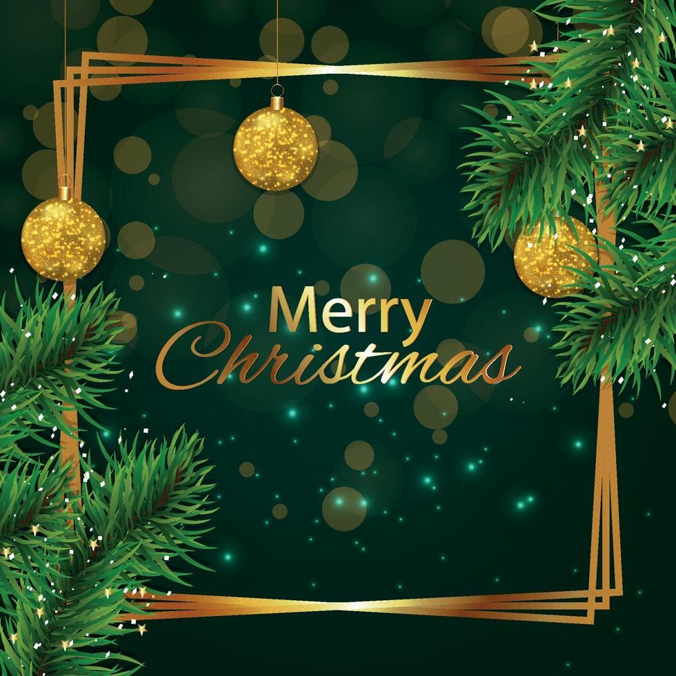 Tarjeta de felicitación de celebración de feliz Navidad con ramas de árboles y adornos de oro vector
