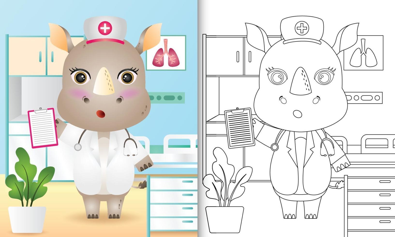 Coloring book for kids with a cute rhino nurse character illustration vector