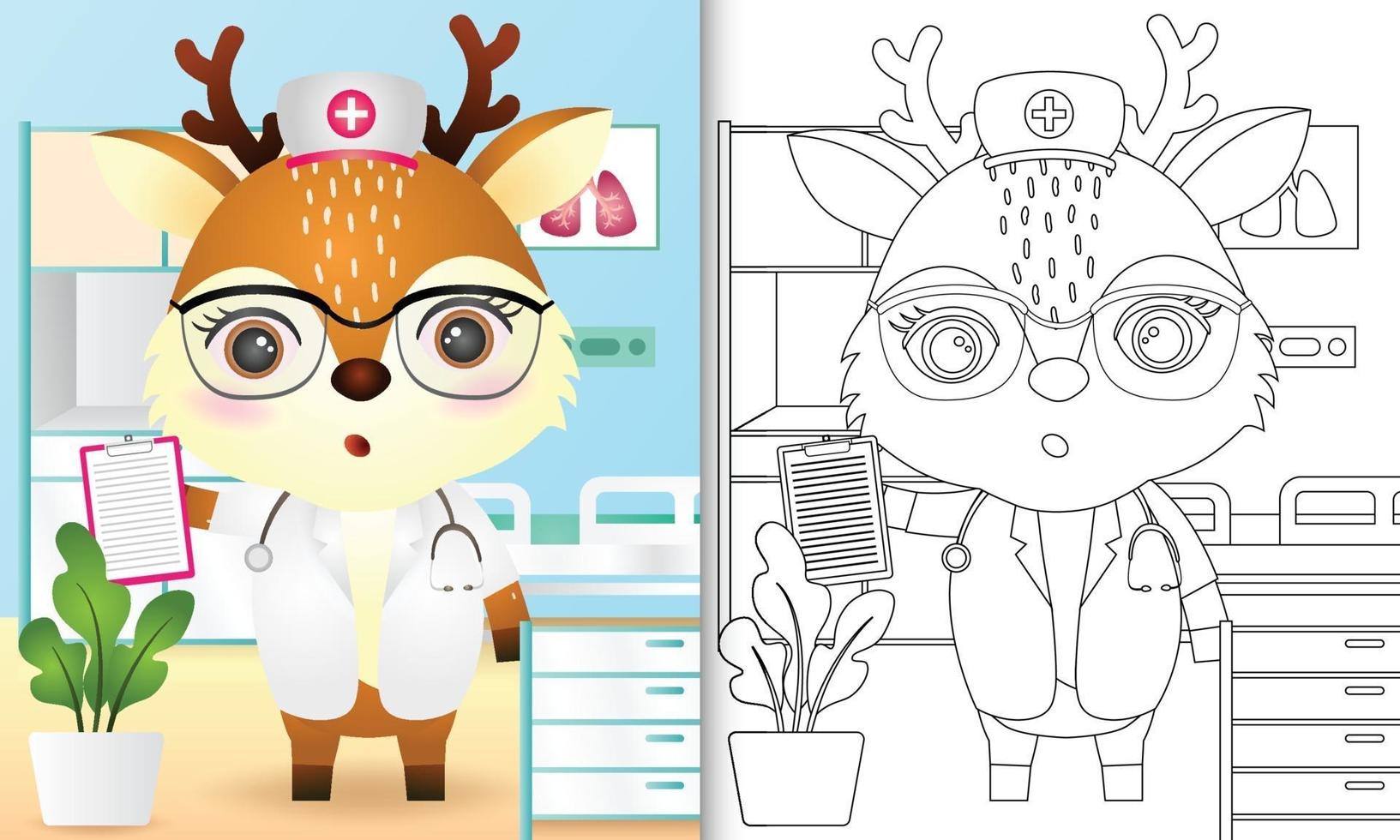 Coloring book for kids with a cute deer nurse character illustration vector