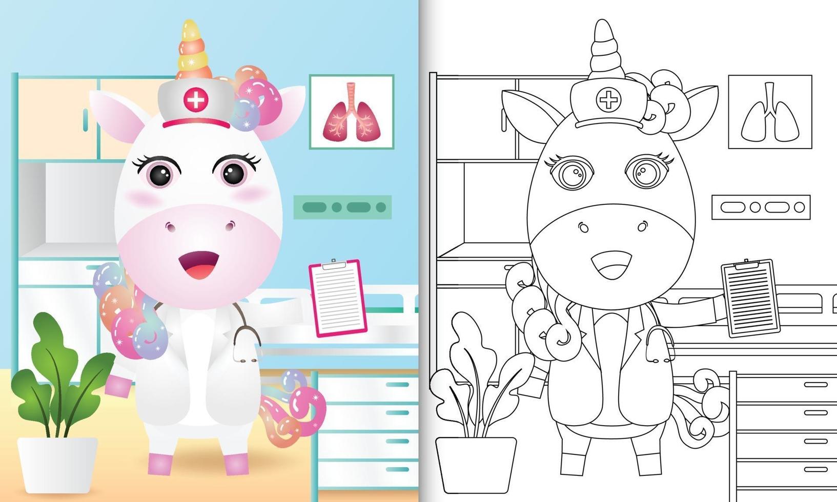 libro para colorear para niños con una linda ilustración de personaje de enfermera unicornio vector