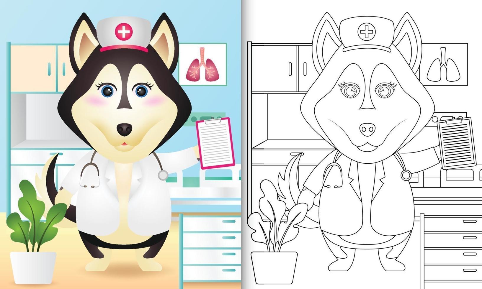 libro para colorear para niños con una linda ilustración de personaje de enfermera de perro husky vector