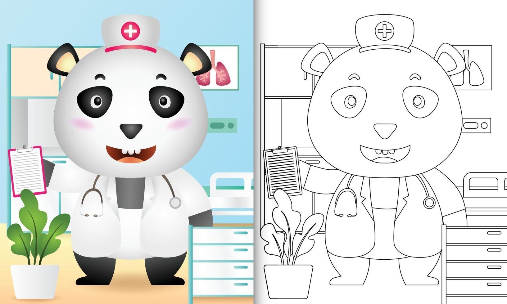 libro para colorear para niños con una linda ilustración de personaje de enfermera oso panda vector