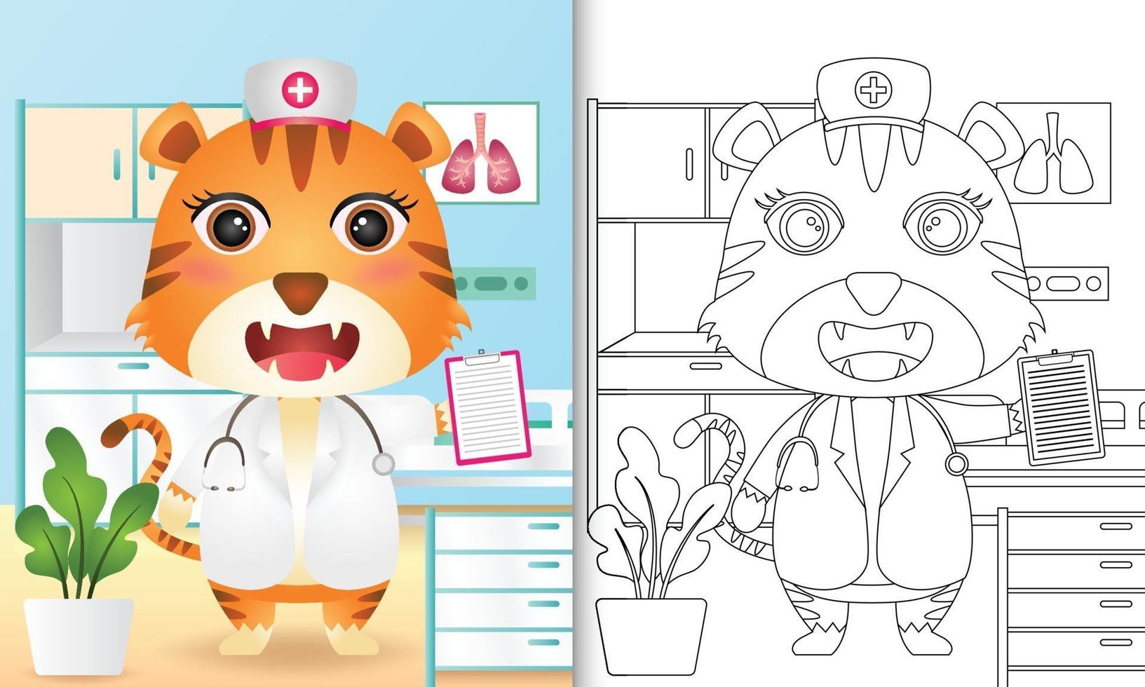 Coloring book for kids with a cute tiger nurse character illustration vector