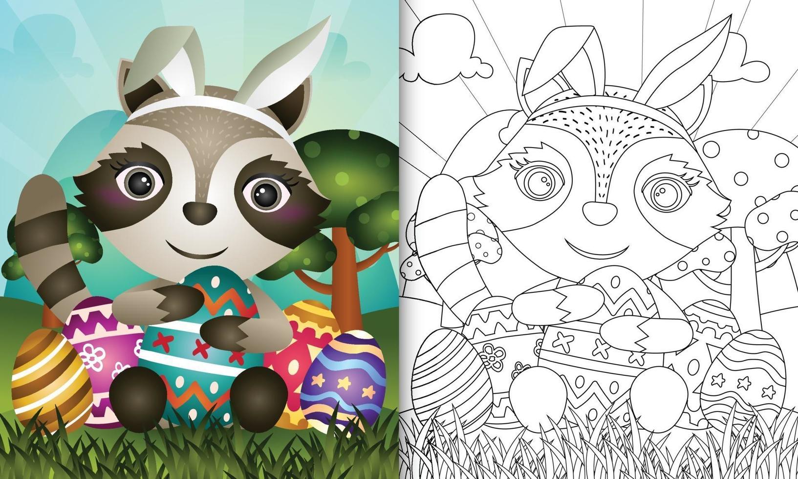 libro para colorear para niños con temática de pascua con un lindo mapache con orejas de conejo vector