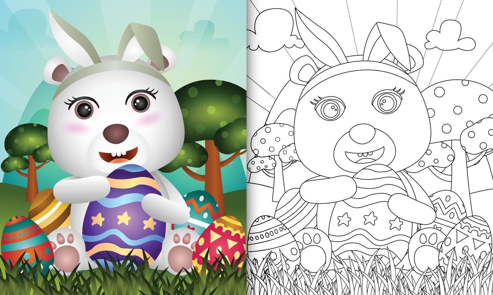 libro para colorear para niños con tema de pascua con un lindo oso polar con orejas de conejo vector