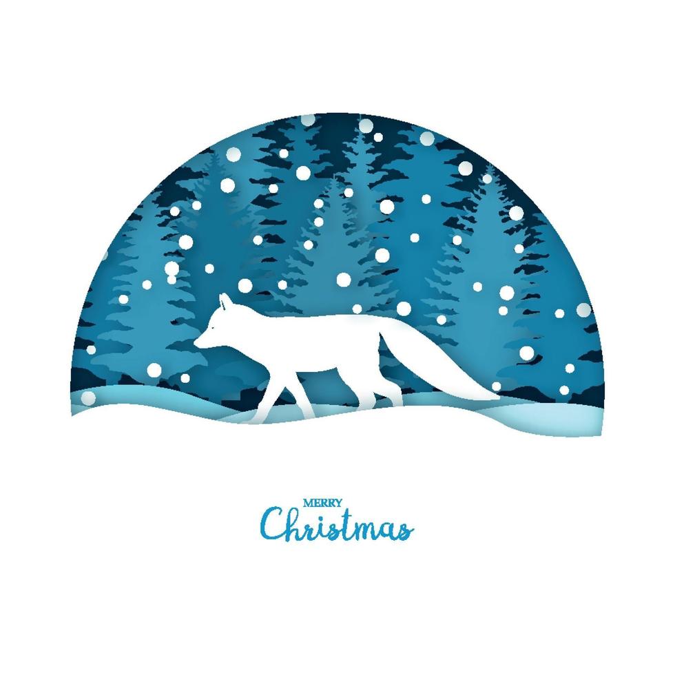 Merry Christmas card. White fox in the snow forest. Greeting card template in paper cut craft style. vector