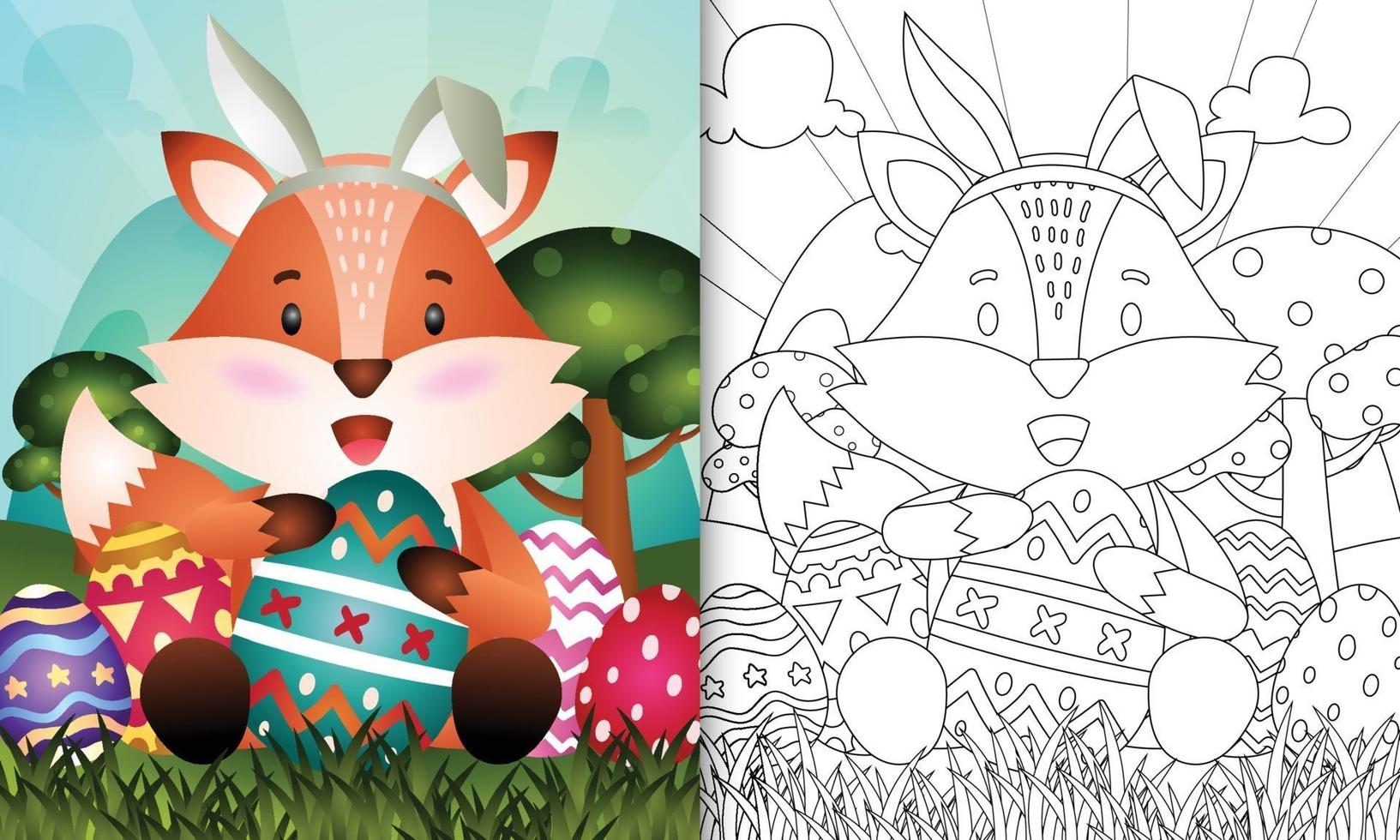 Coloring book for kids themed easter with a cute fox using bunny ears headbands hugging eggs vector