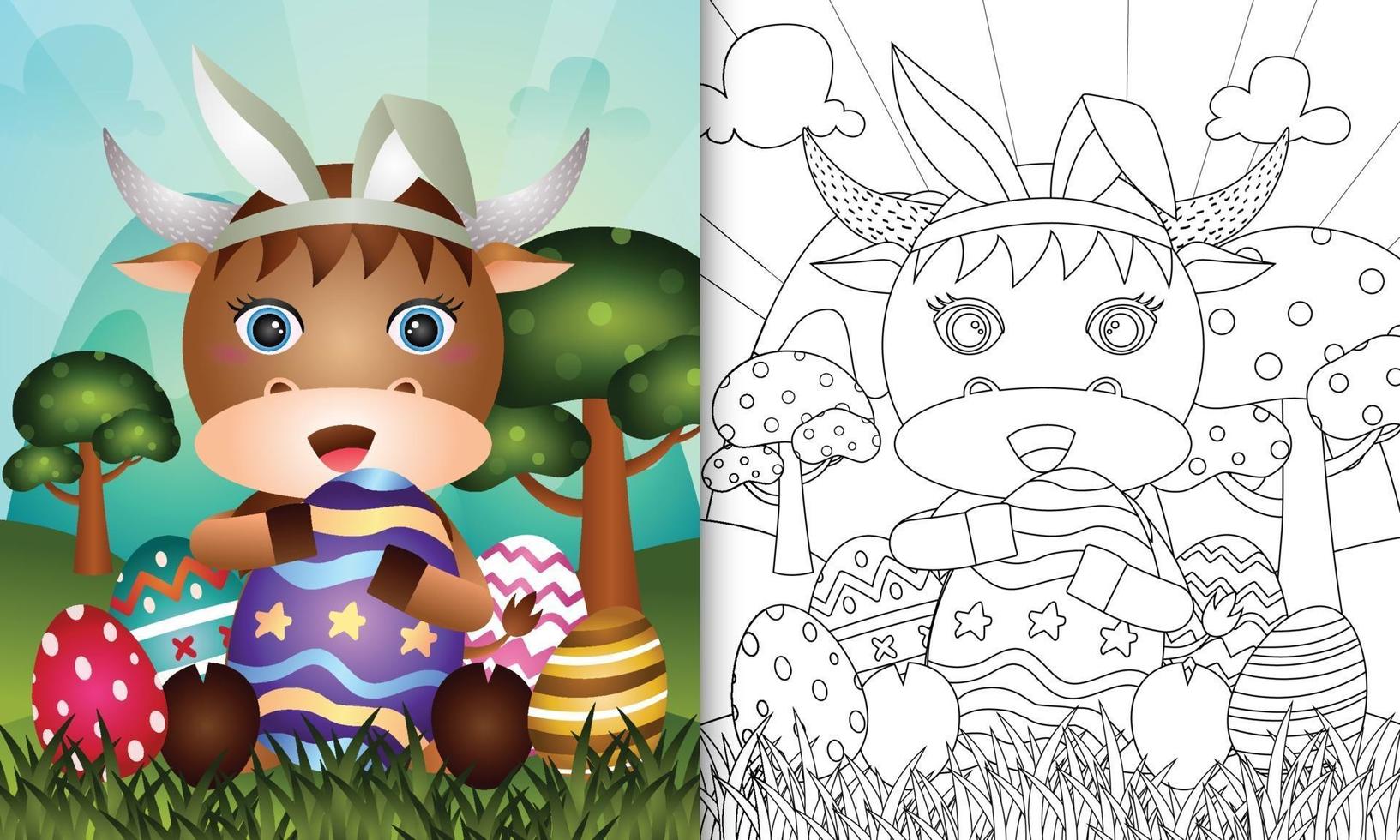 libro para colorear para niños con tema de pascua con un lindo búfalo con orejas de conejo vector