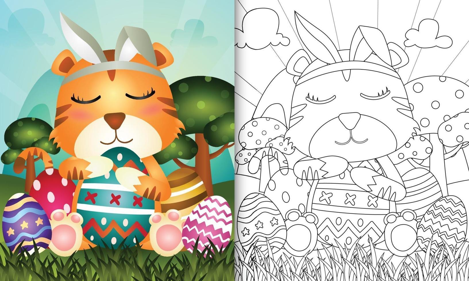 libro para colorear para niños con tema de pascua con un lindo tigre con orejas de conejo vector