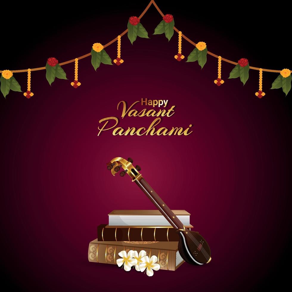 vasant panchami fondo creativo con saraswati veena y libros vector