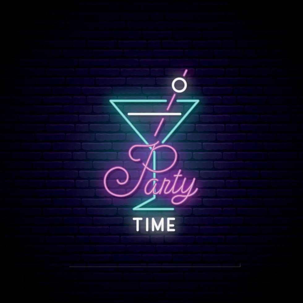 Cocktail party neon signboard. Cocktail light sign on brick wall background. vector