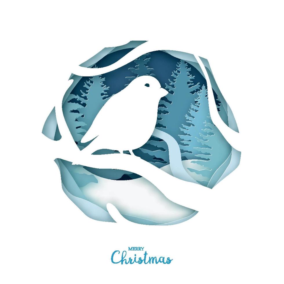 Paper art, bird on tree branch in winter forest. Origami concept nature. Merry Christmas. vector
