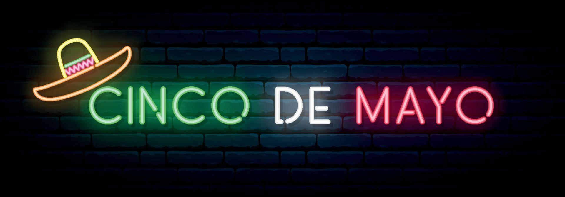 Cinco de Mayo neon banner. Mexican fiesta. Light signboard. vector