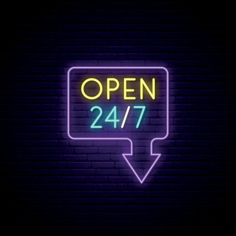 Open 24-7 neon sign. Light vector banner. Realistic glowing design element in arrow frame for around clock open Club, Bar, Cafe or Store.