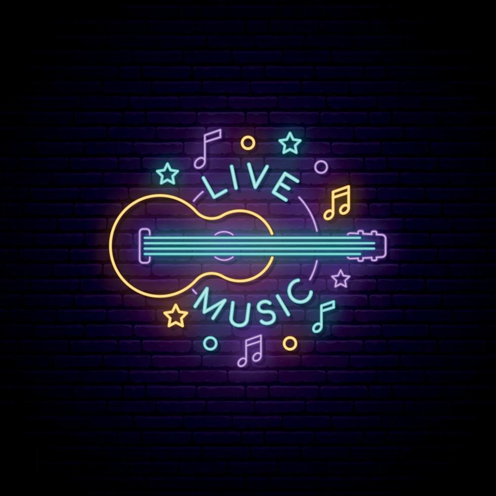 Neon Live Music sign. Light signboard with guitar and live music