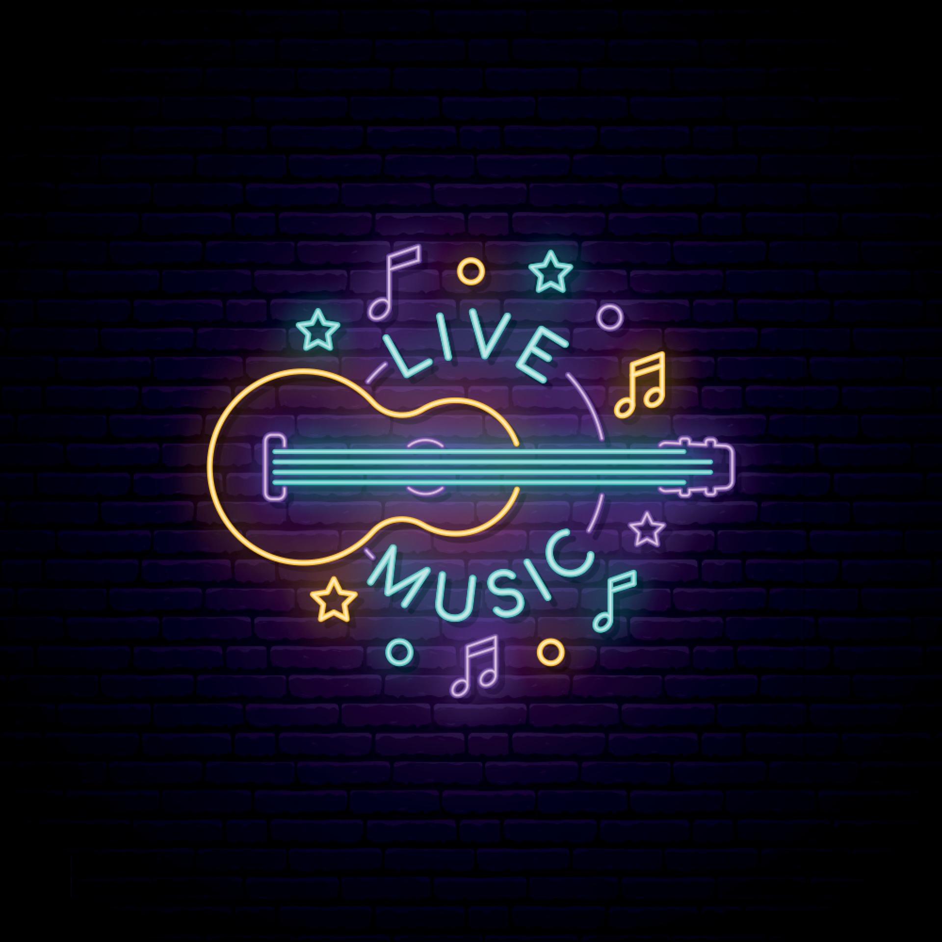 Neon Live Music sign. Light signboard with guitar and live music