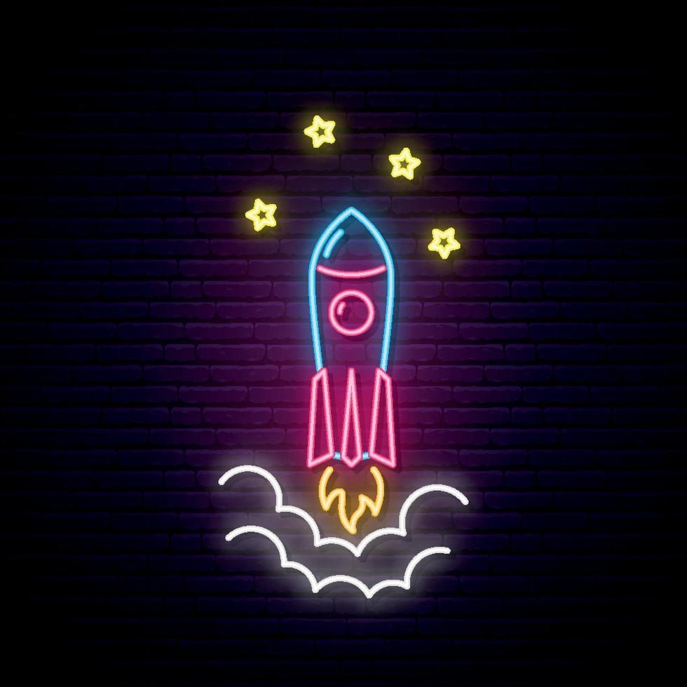 Rocket vector emblem in neon style