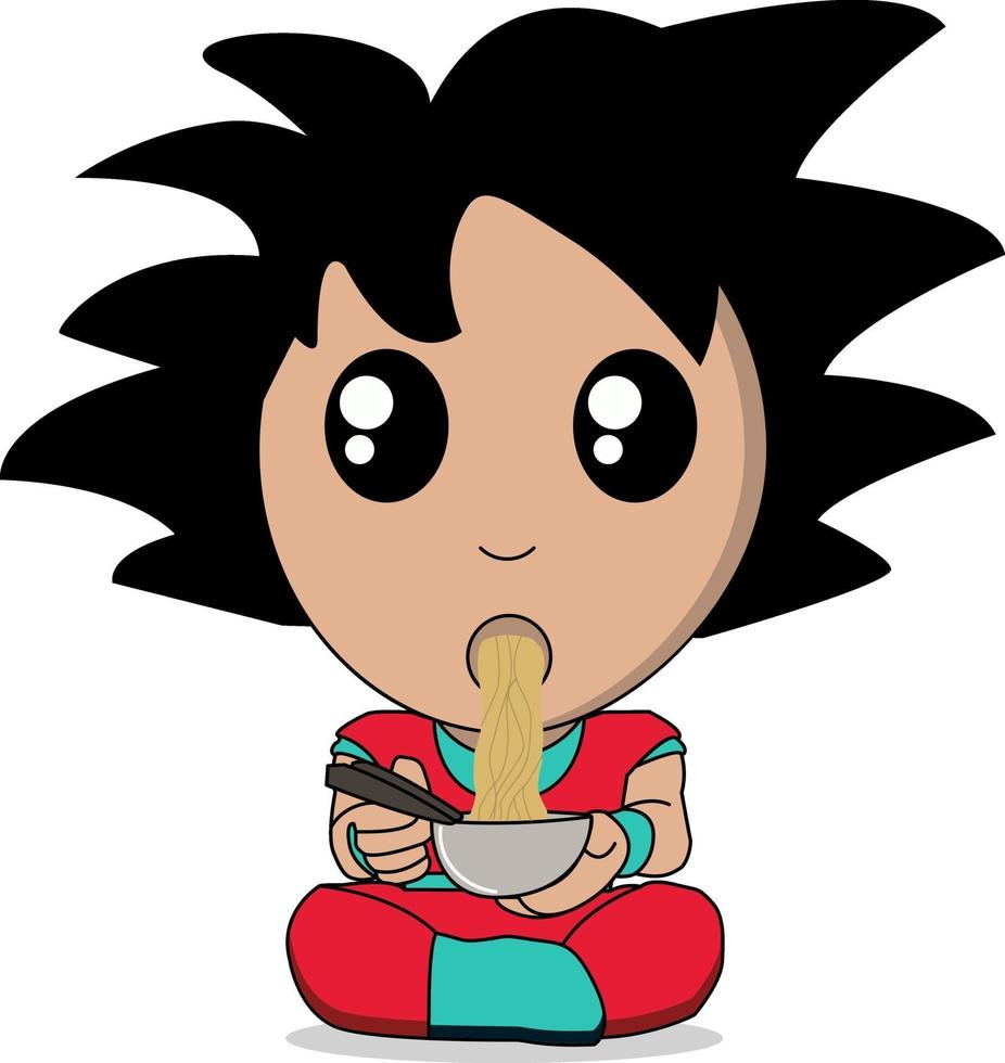 hero in red and blue costume sitting and eating noodle in a bowl using chopsticks vector