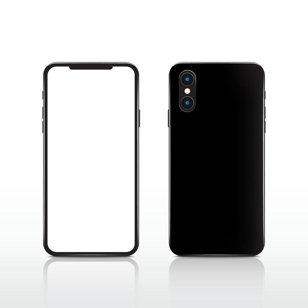 Smartphone de tableta de teléfono móvil con pantalla táctil negro realista moderno sobre fondo blanco. parte delantera y trasera del teléfono aislada. vector