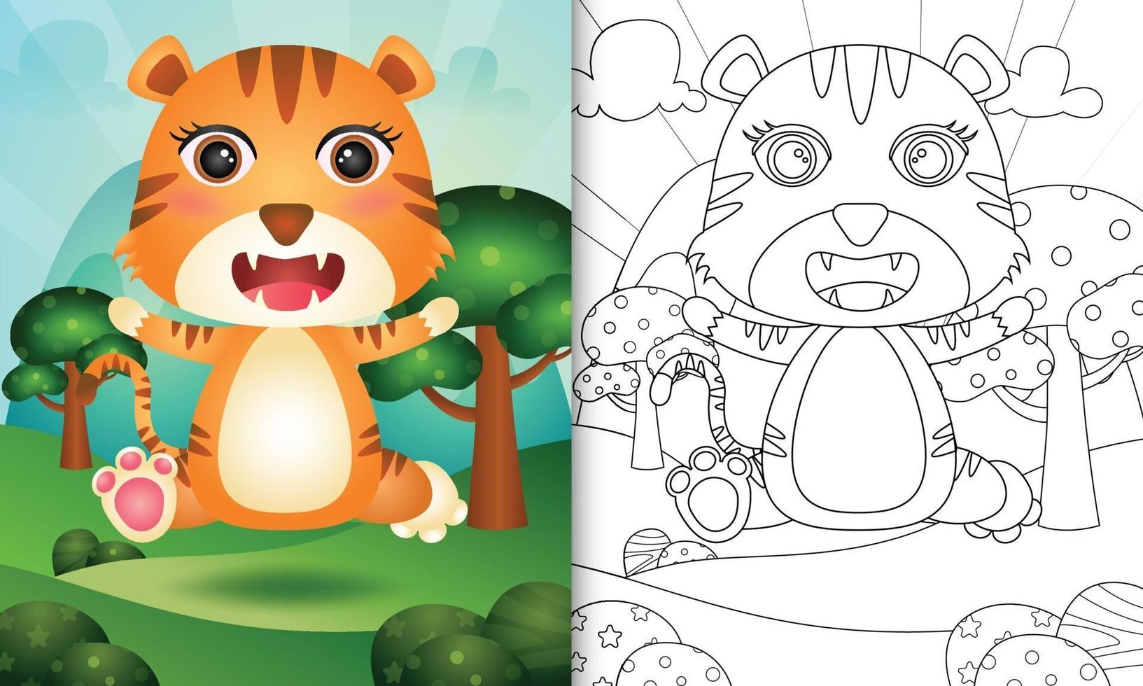 libro para colorear para niños con una linda ilustración de personaje de tigre vector