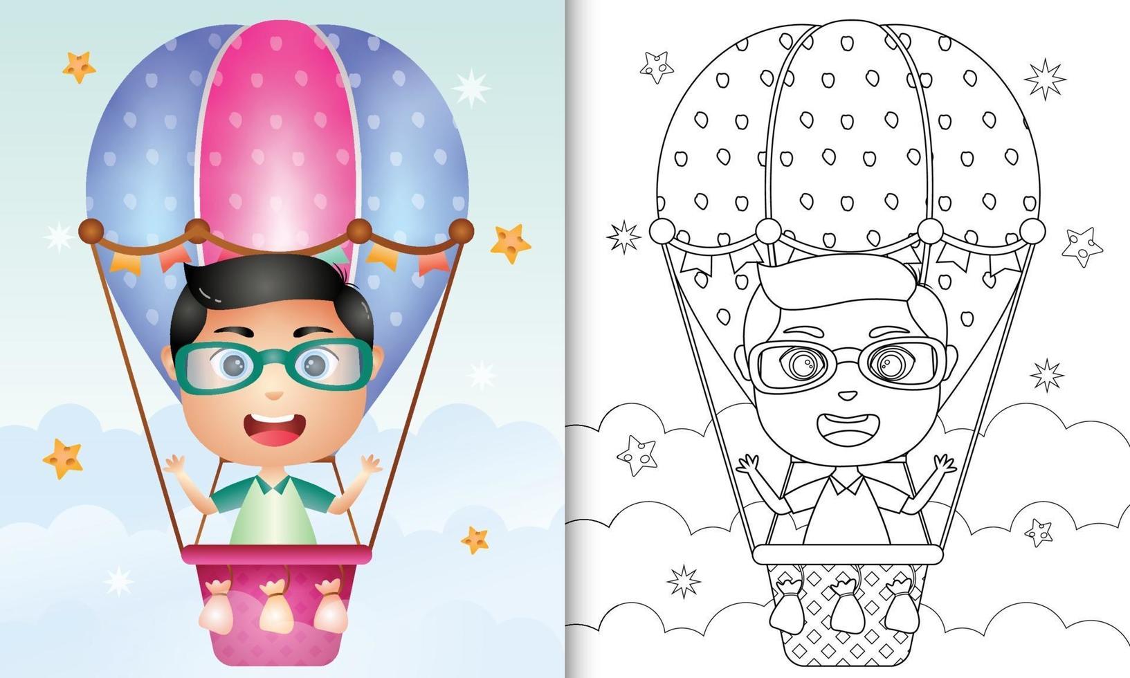 Coloring book for kids with a cute boy on hot air balloon vector