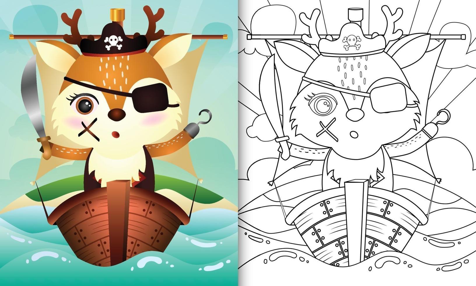 Coloring book for kids with a cute pirate deer character illustration vector