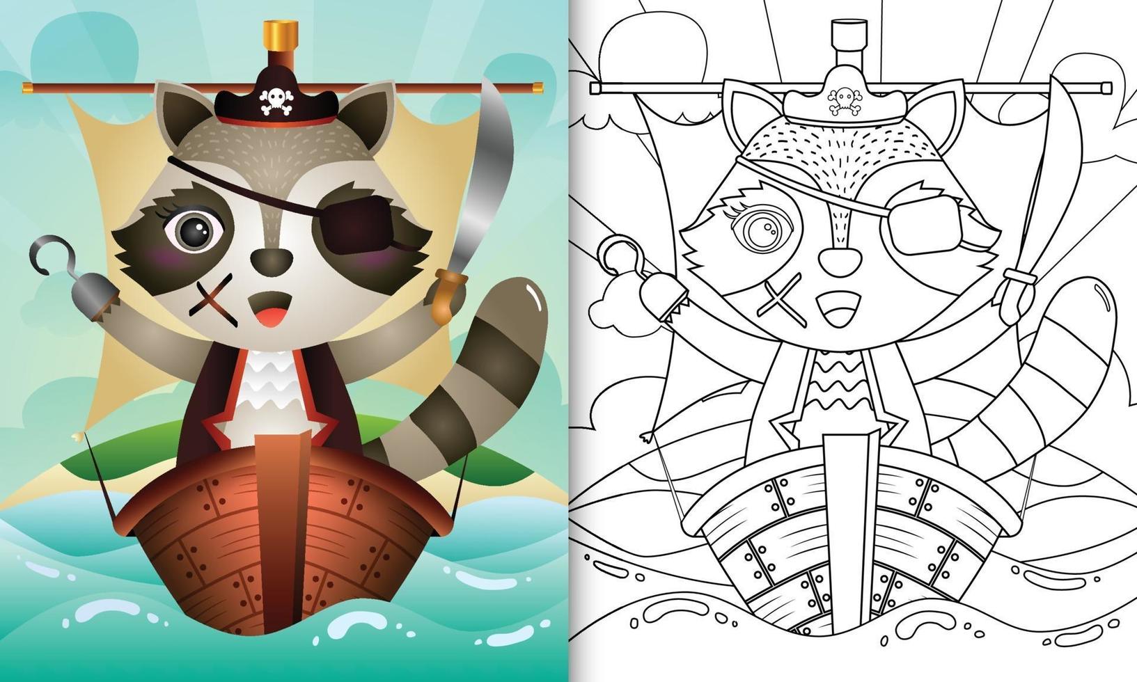libro para colorear para niños con una linda ilustración de personaje de mapache pirata vector
