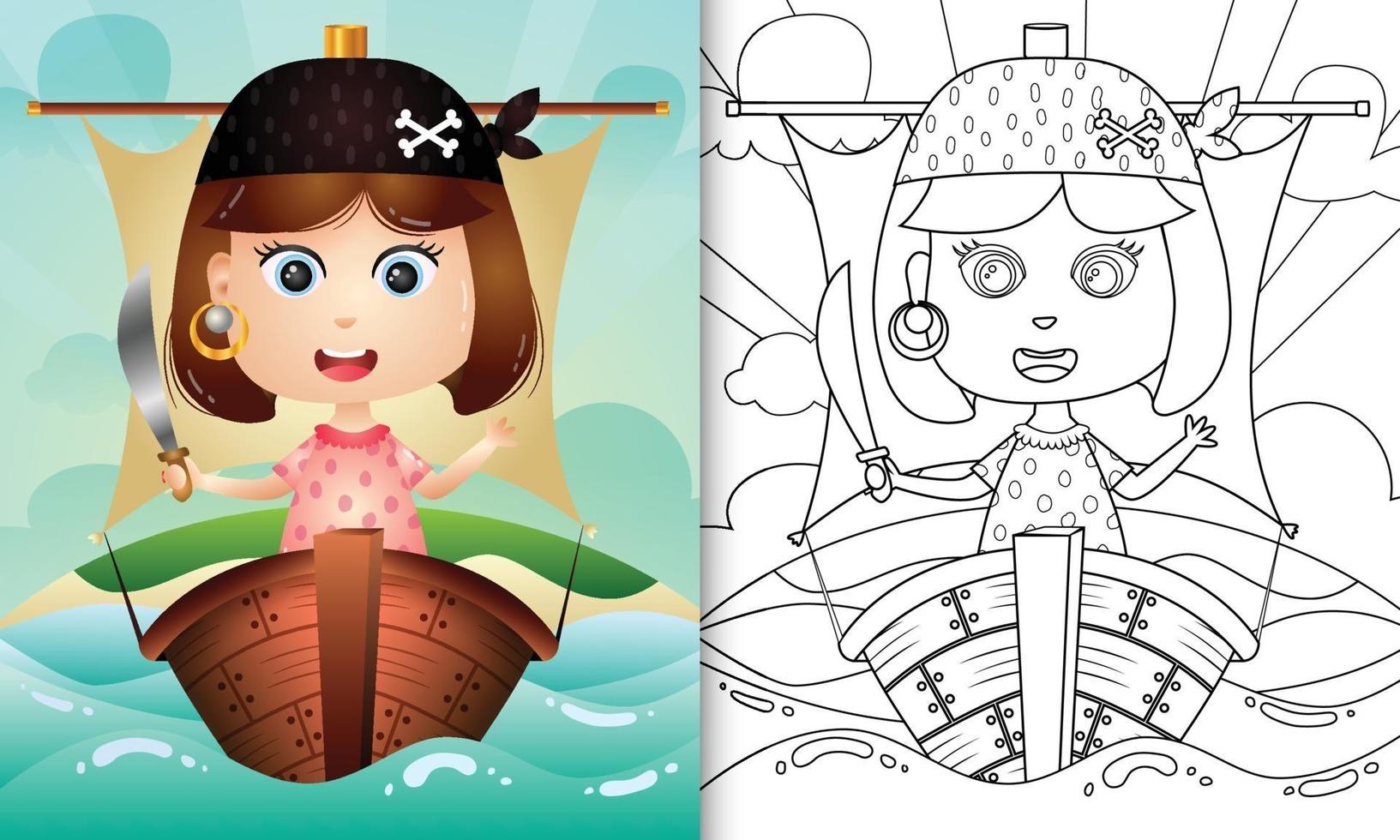 libro para colorear para niños con una linda ilustración de personaje de niña pirata vector