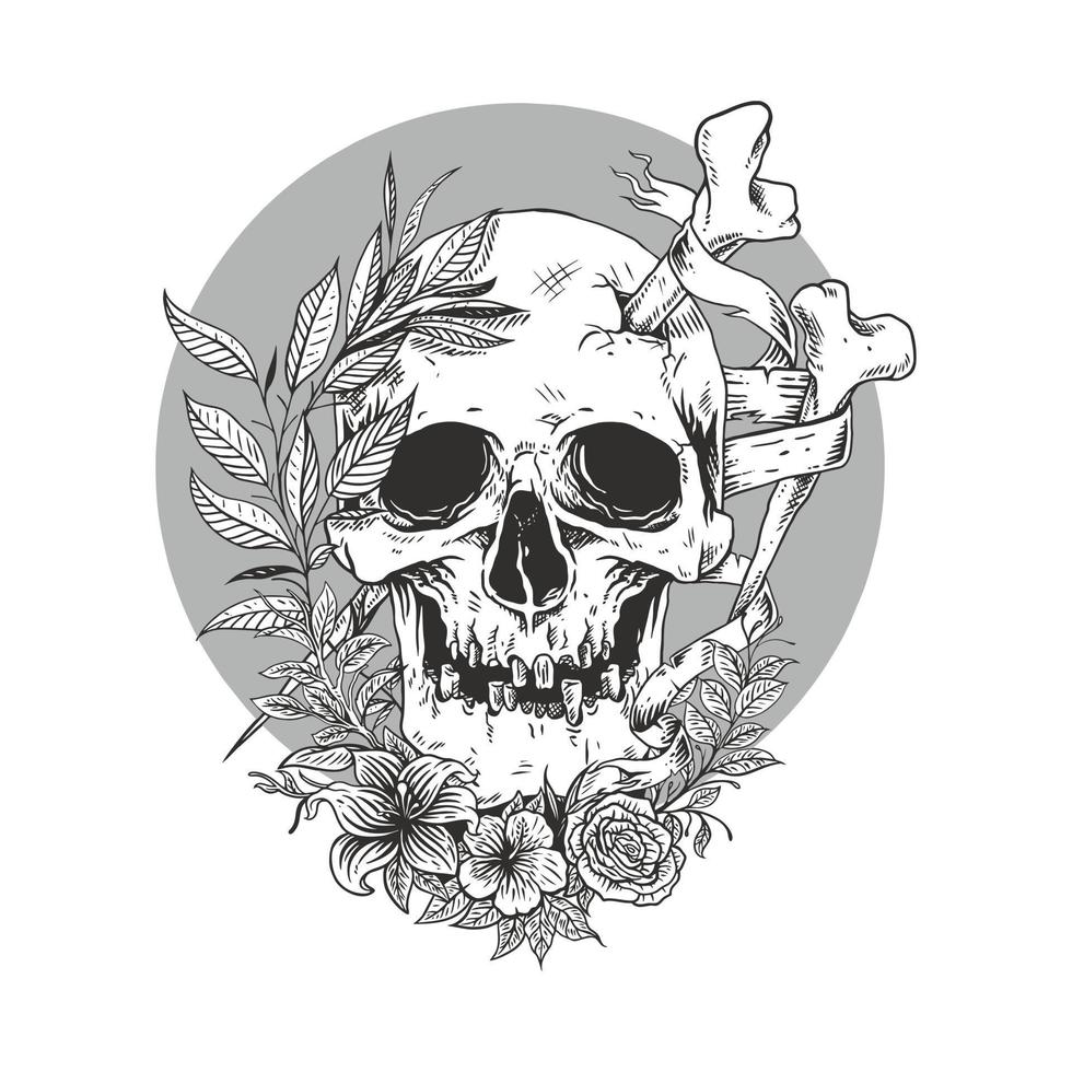 skull line sketch with flower.premium vector
