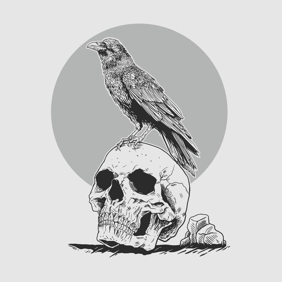 Illustration crow on the skull head.premium vector