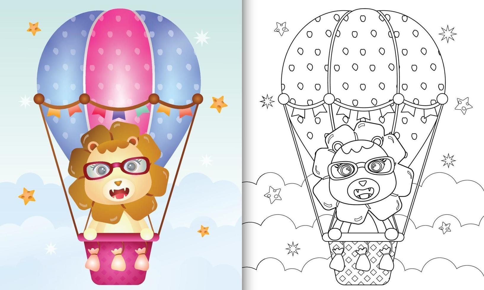 libro para colorear para niños con un lindo león en globo aerostático vector