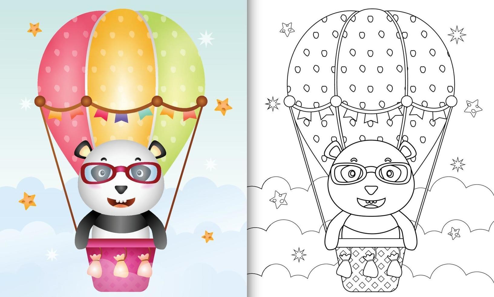 libro para colorear para niños con un lindo panda en globo aerostático vector