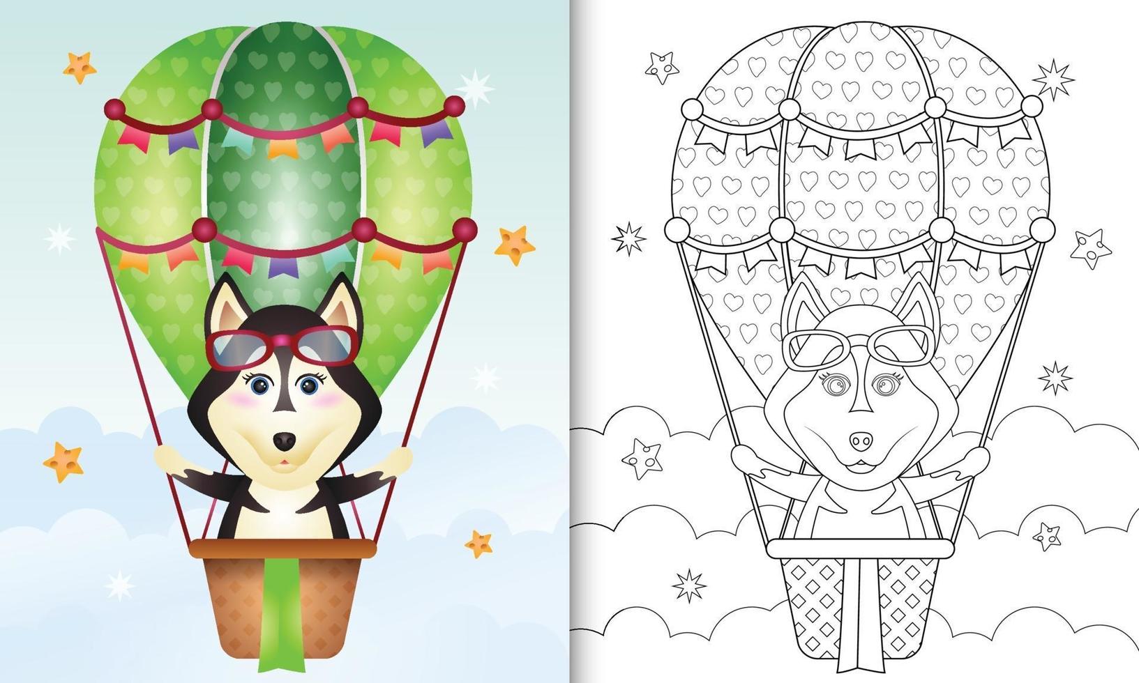 Coloring book for kids with a cute husky dog on hot air balloon vector