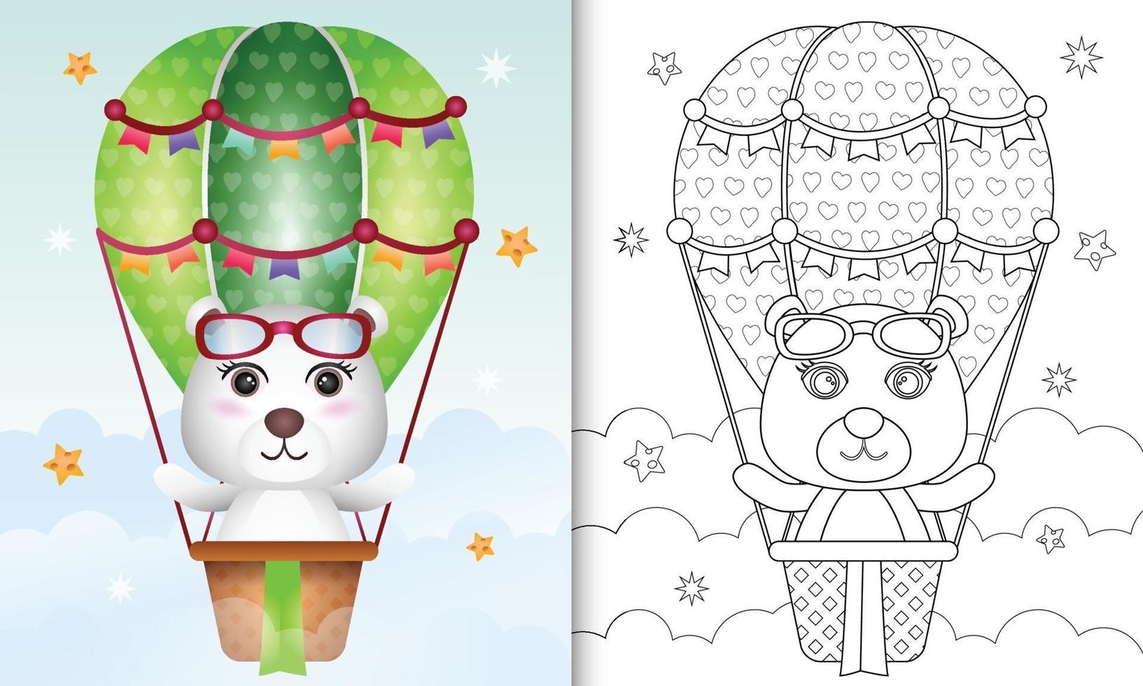 libro para colorear para niños con un lindo oso polar en globo aerostático vector