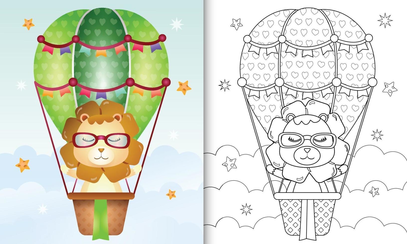 Coloring book for kids with a cute lion on hot air balloon vector