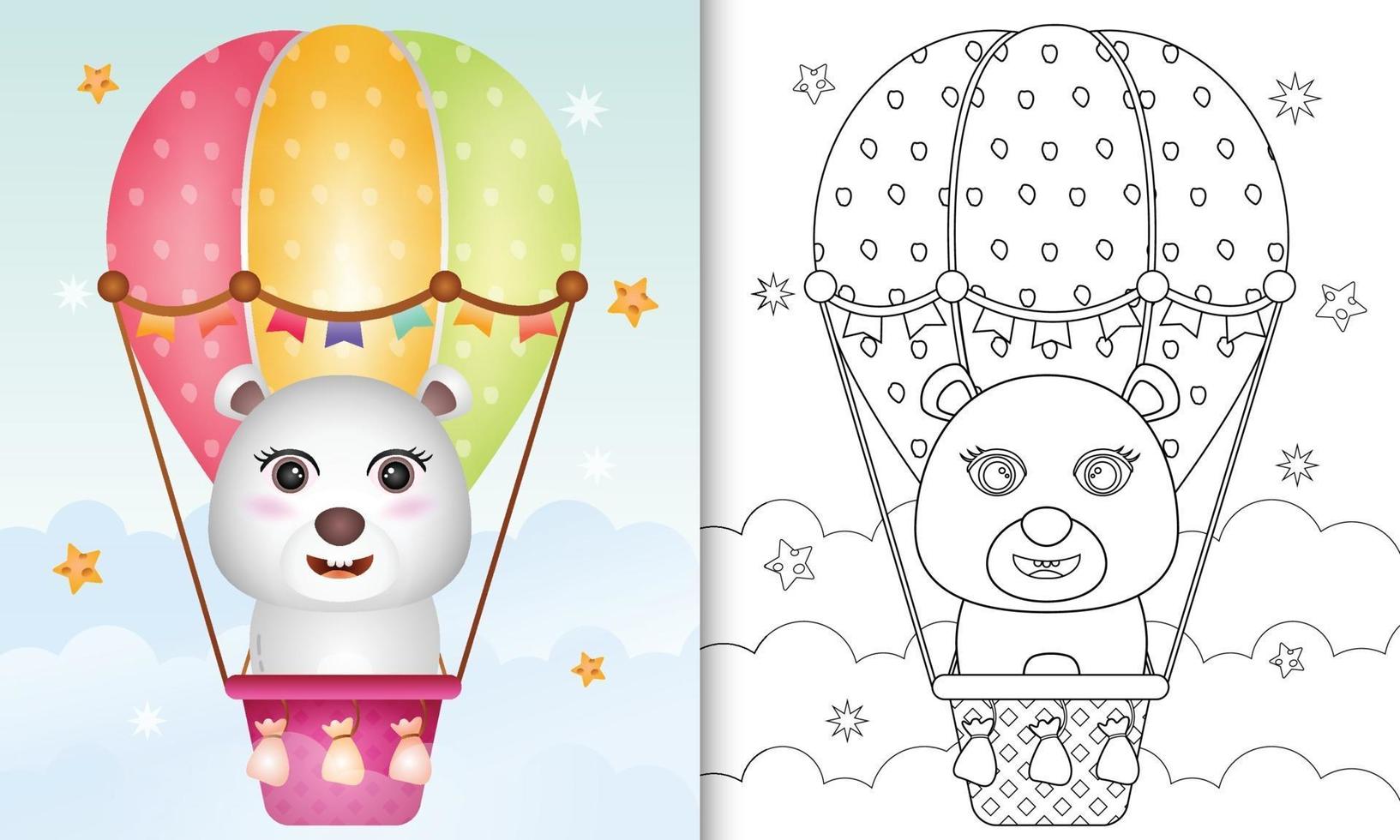 libro para colorear para niños con un lindo oso polar en globo aerostático vector