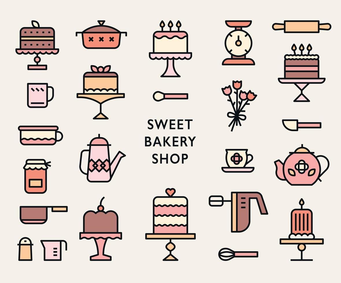 iconos de pastelería. colección de pasteles de panadería dulce. vector