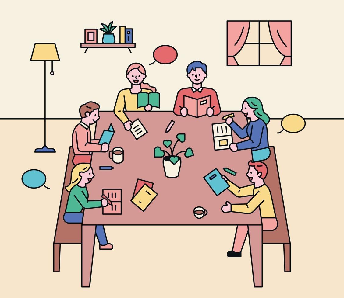 Reading discussion meeting. People are sitting around a table and having a discussion. vector