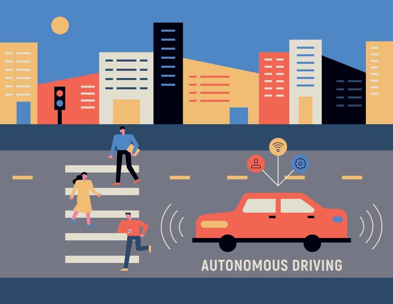 tecnología de seguridad automotriz. en el fondo de la ciudad, la gente cruza en el paso de peatones y los autos en la carretera detectan personas. vector