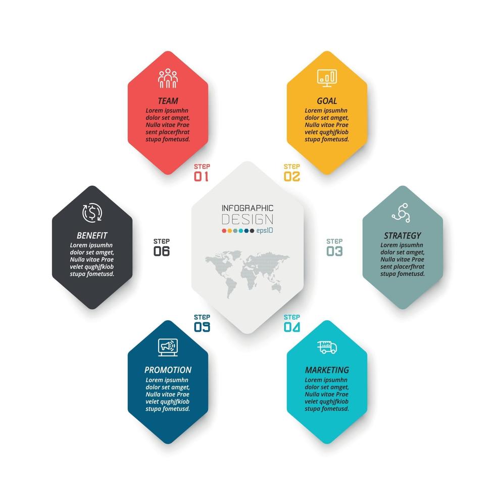 6 pasos para explicar el proceso de trabajo y reportar resultados a través del formato de diagramas, vectores, infografías y diseño. vector