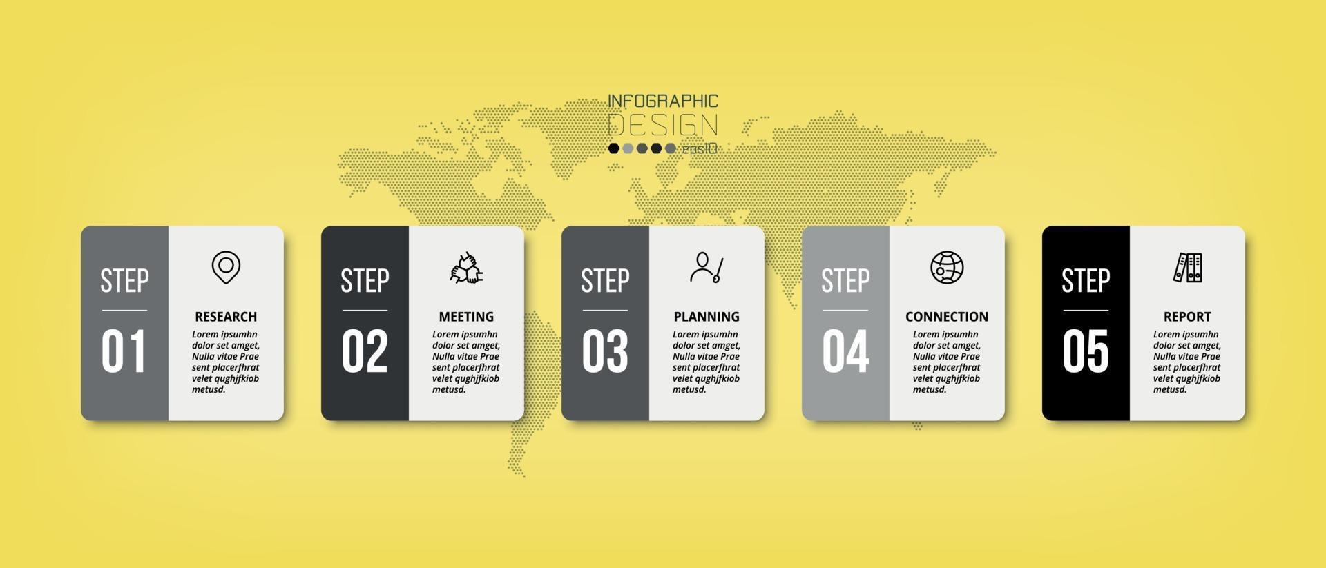 Square design, 5 Workflows. Can be used to plan work, present results and report results related to business or marketing. vector