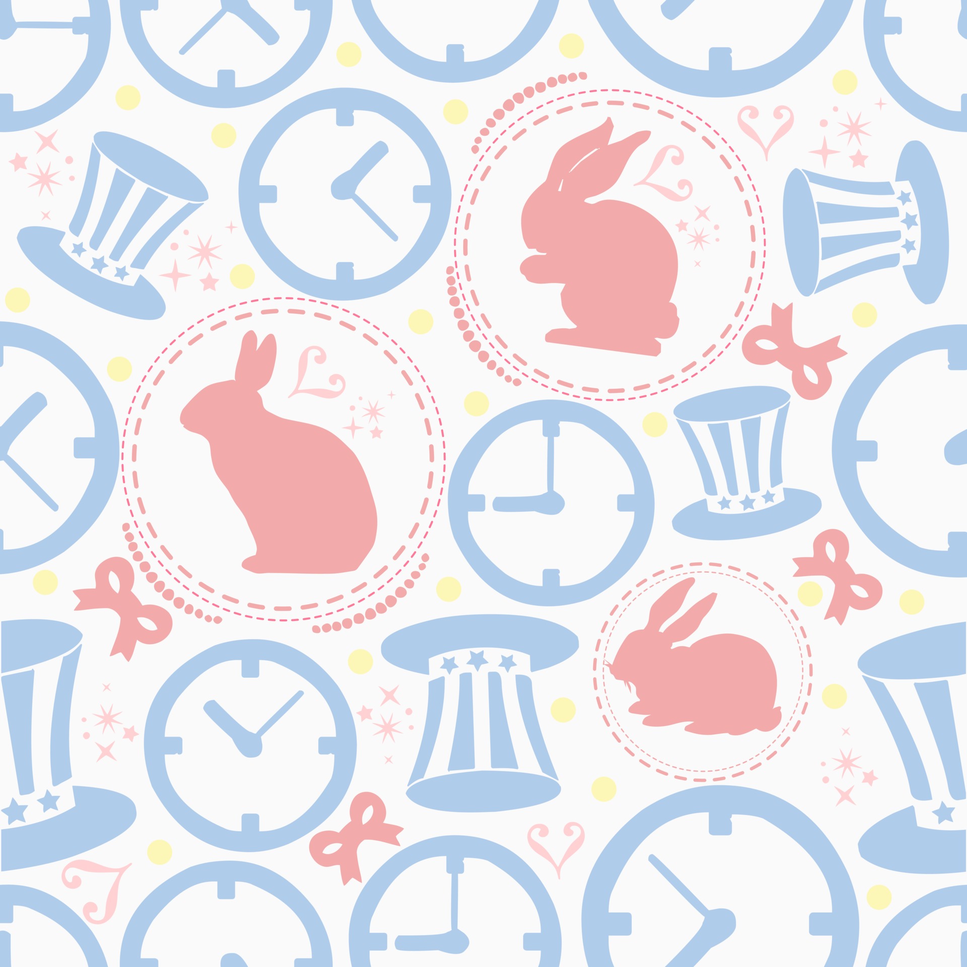 SEAMLESS COLOURFUL PASTEL RABBIT WITH CLOCK AND HAT PATTERN BACKGROUND
