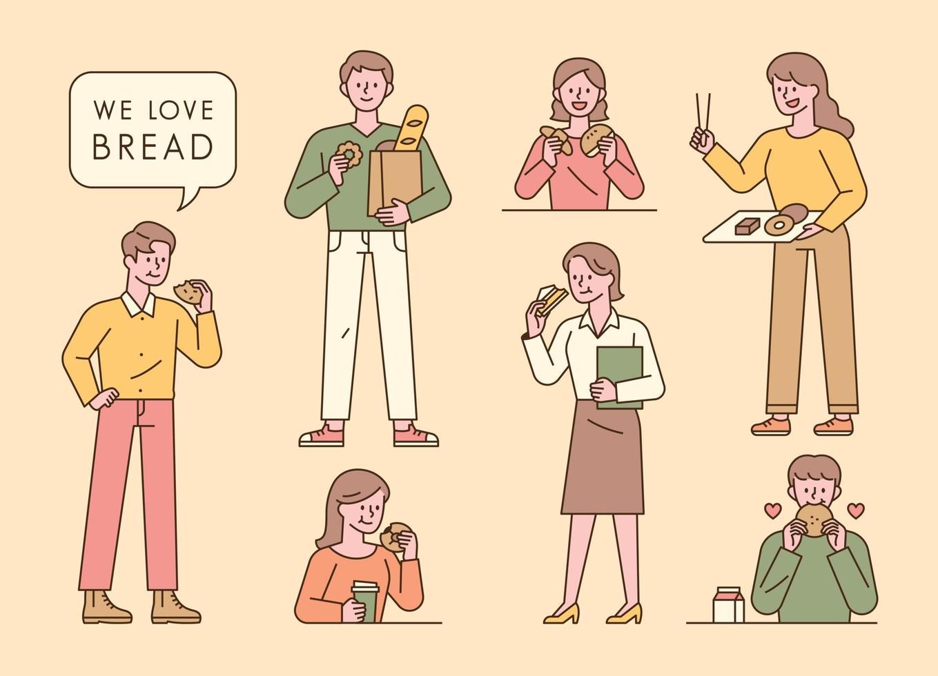 la gente come pan. una variedad de personas eligen, envuelven y comen pan en la panadería. vector