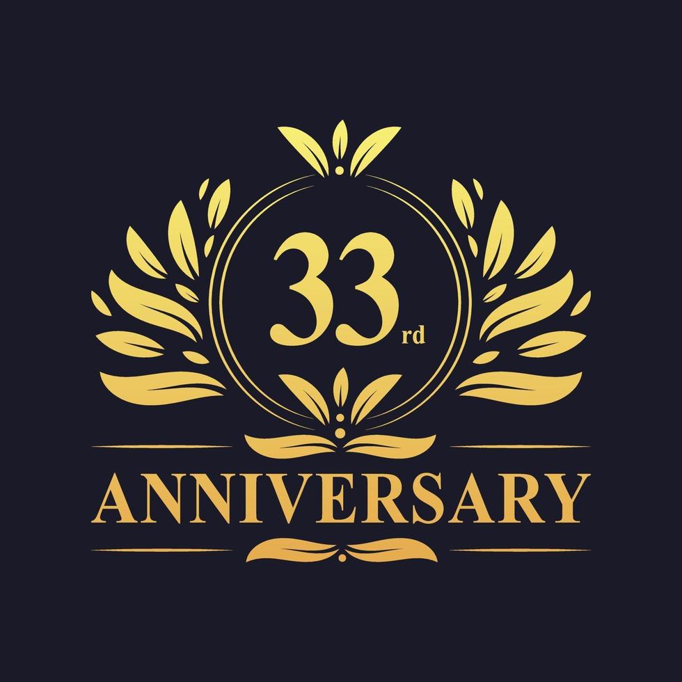 Diseño de 33 aniversario, lujoso logo de aniversario de 33 años de color dorado. vector